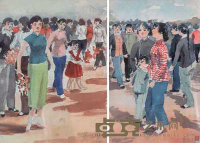 萧淑芳 1955年 国庆节游园人物（二件） 29×19cm；25×19cm